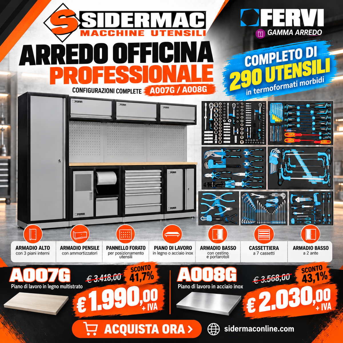 Arredo Officina FERVI A007G con 290 Utensili | Sidermac