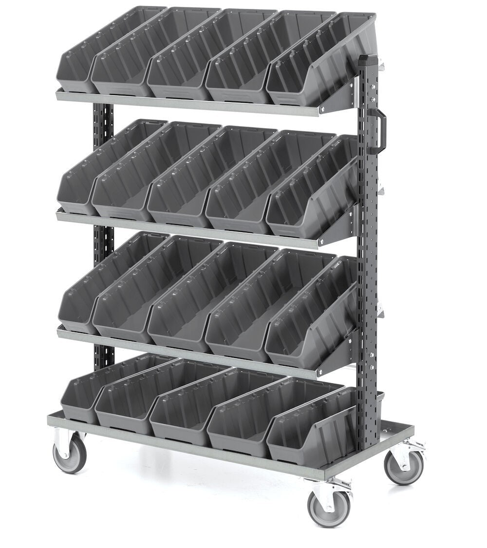Carrello portaminuteria FAMI 391C03 Linea 391 con 20 contenitori RK Box Air grigi, mensole inclinabili e ruote
